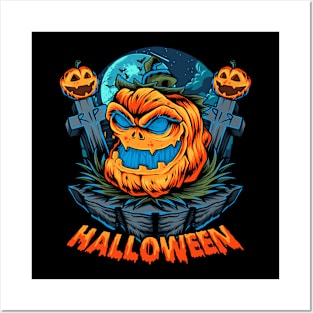 halloween pumpkin middle halloween night graves tombstones Posters and Art